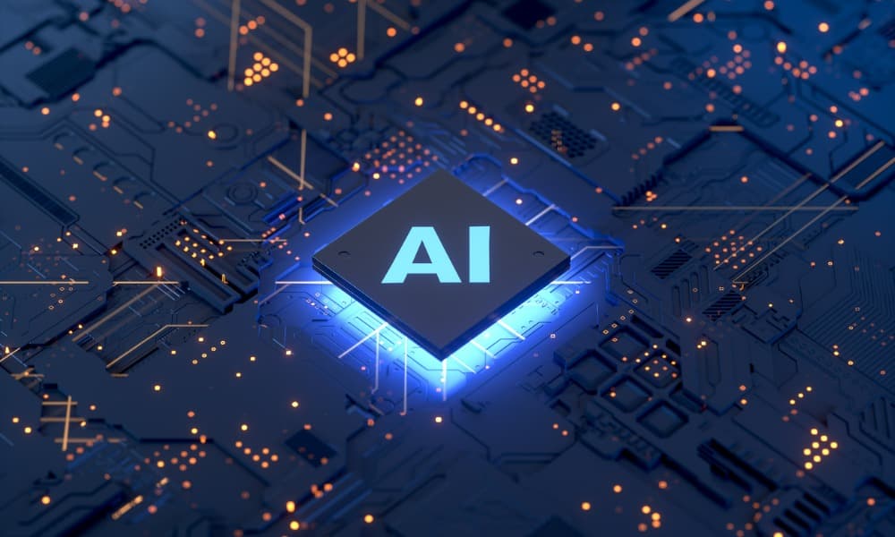 An illuminated AI processor on a circuit board